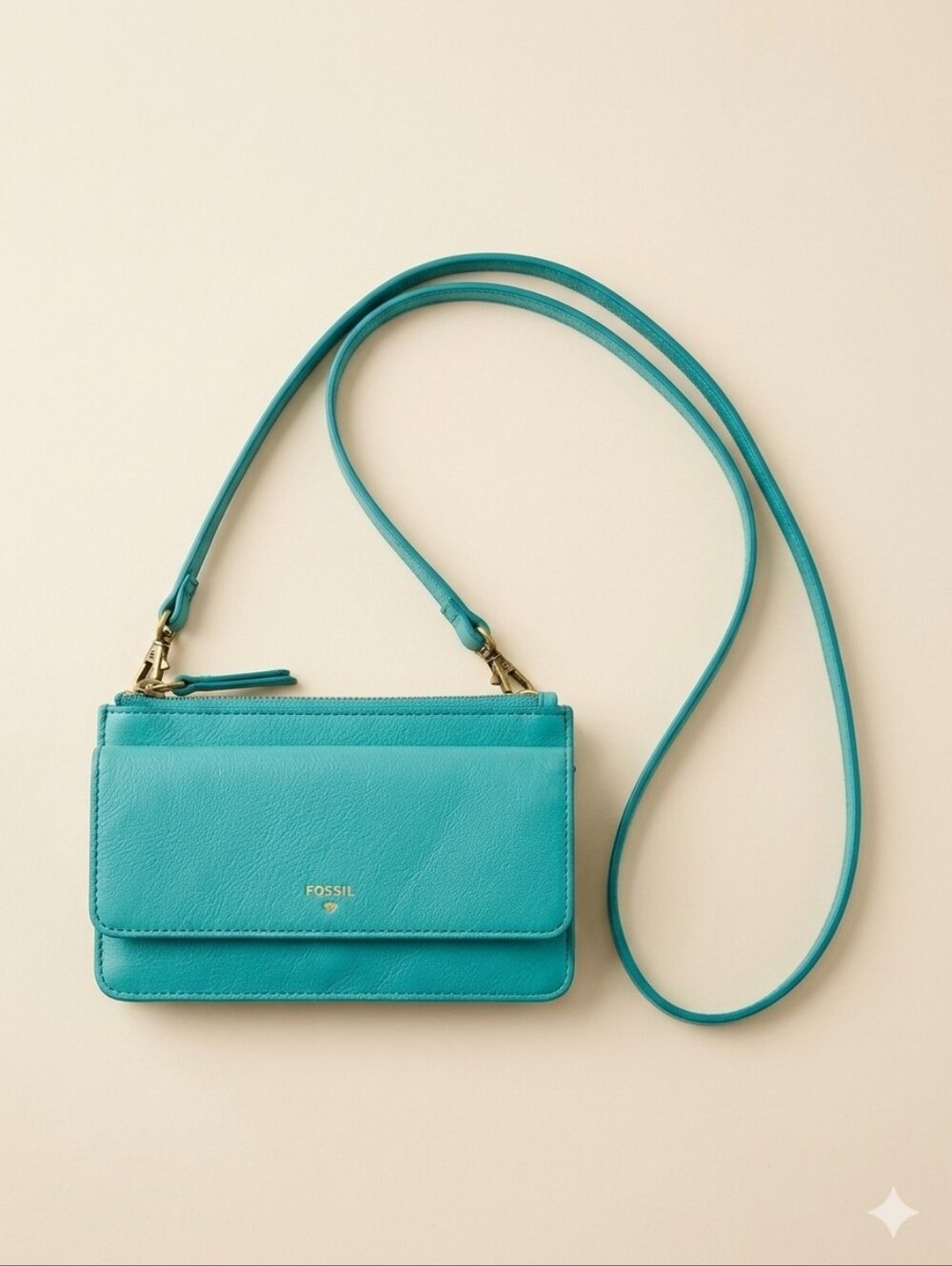 Fossil Teal Leather Crossbody Wallet Purse Convertible Shoulder Bag